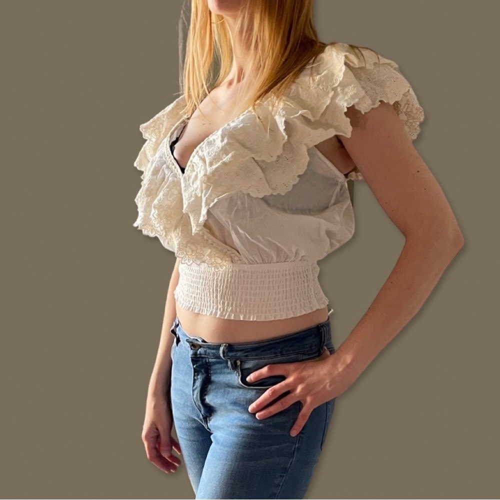 Jennifer & Grace Beige Eyelet Lace Ruffle V Neck Blouse - S - Picture 14 of 14